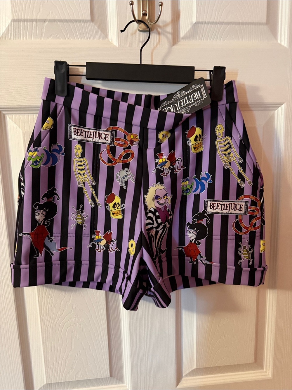 Blackmilk Beetlejuice Purple & Black Striped Graphic Athletic Shorts